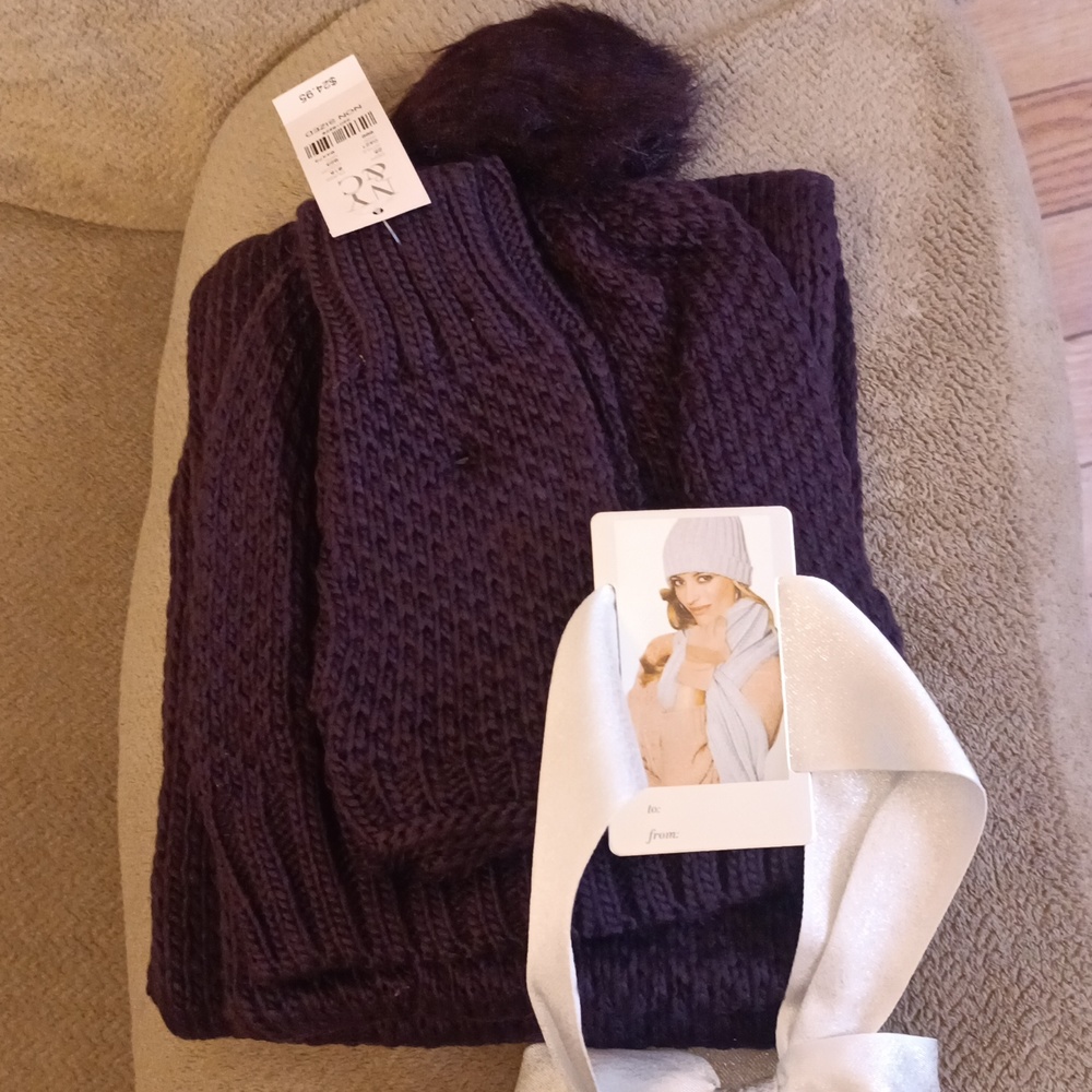 New York & Company Knit Hat with PomPom Loop Scarf